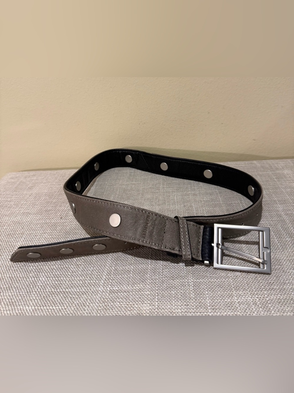 Hammitt Charlie Reversible Riveted Leather Belt Black Pewter Silver Small